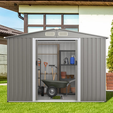 8.5x7FT Outdoor Galvanized Metal Garden Shed with Foundation