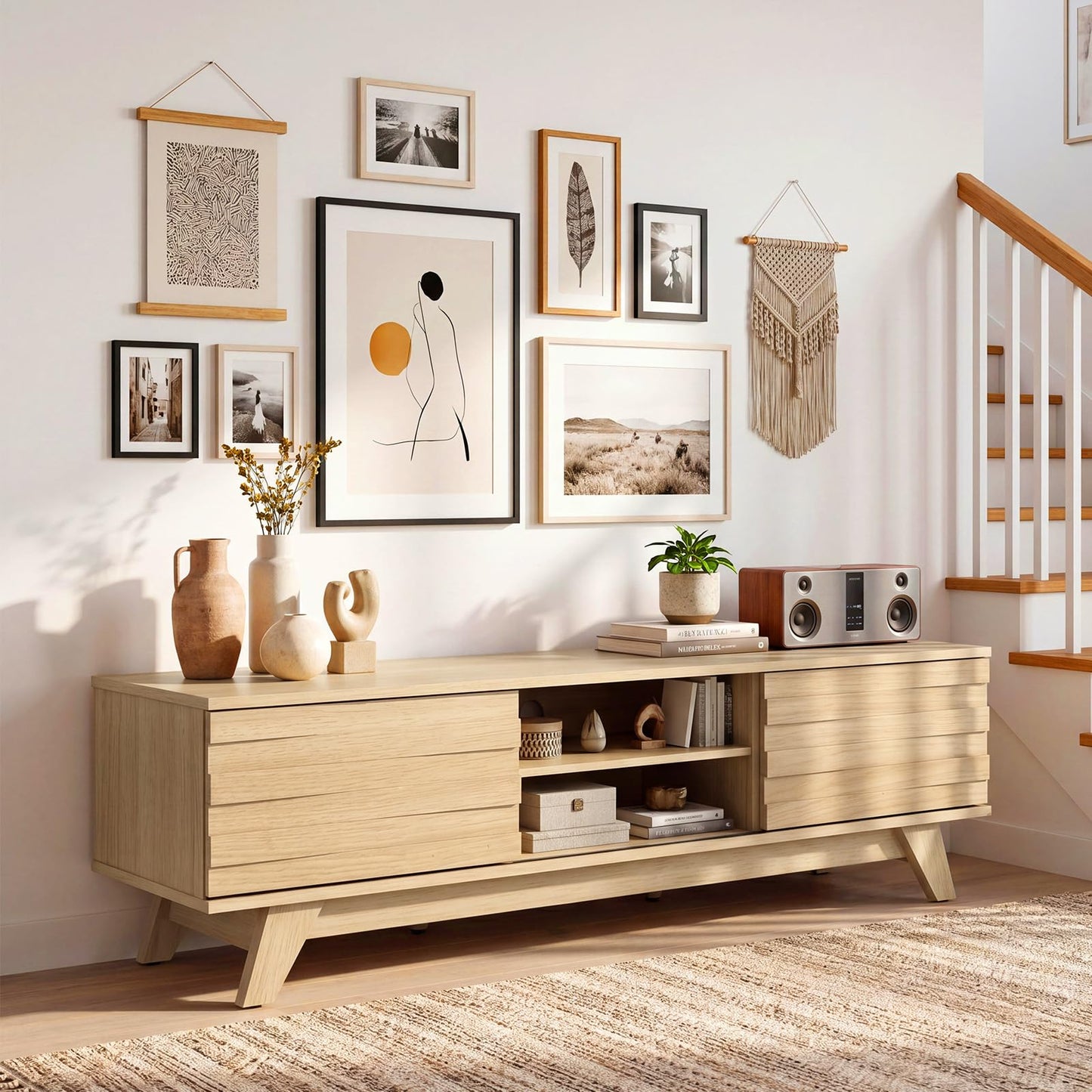TV Unit for 55 Inch TVs, 145cm Wooden TV Stand Cabinet with 2 Sliding Doors and Adjustable Storage Shelf
