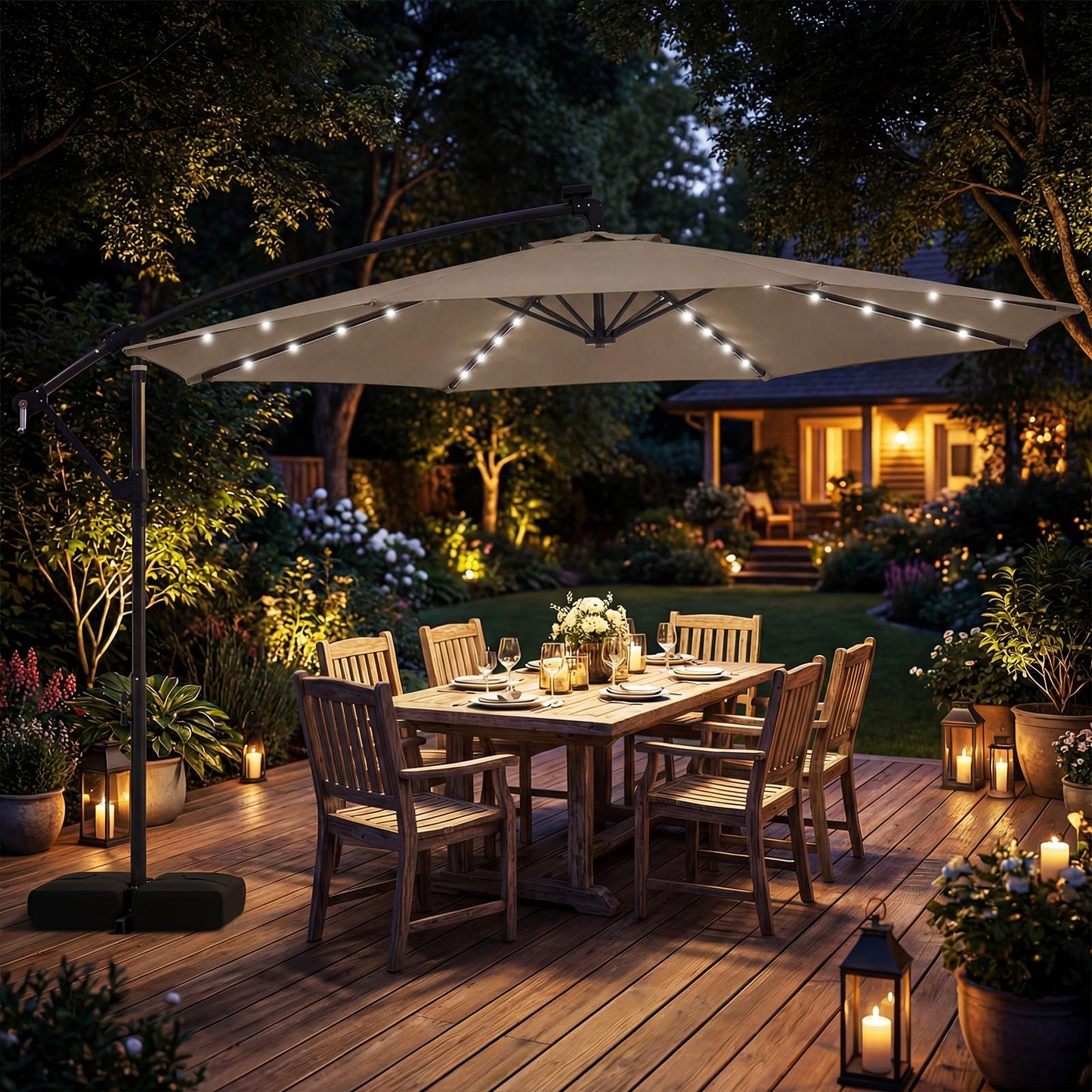 3M Garden Cantilever Parasol, Outdoor Offset Banana Hanging Umbrella with LED Lights