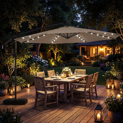 3M Garden Cantilever Parasol, Outdoor Offset Banana Hanging Umbrella with LED Lights