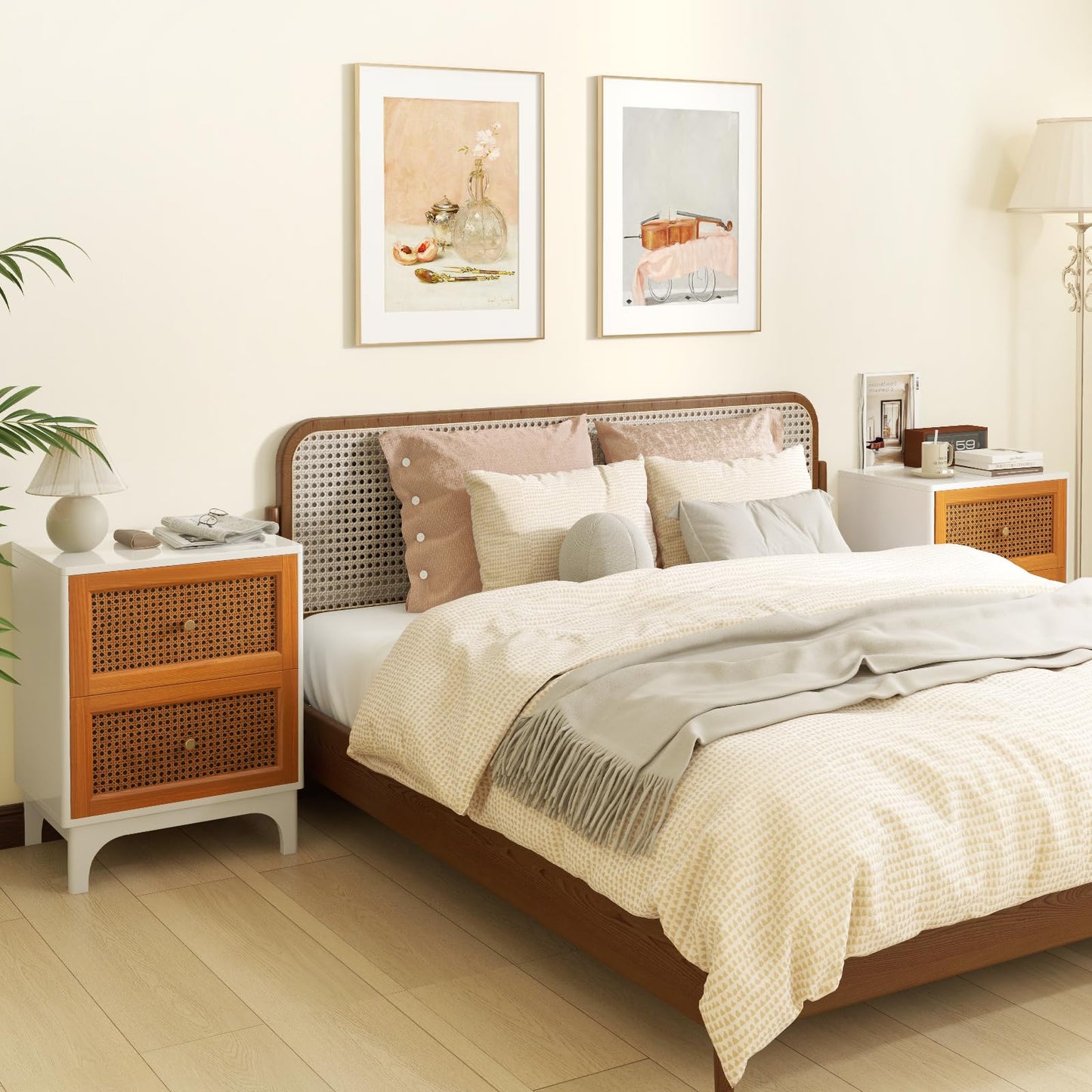 Boho Accent Table with 2 Handwoven Rattan Decorated Drawers