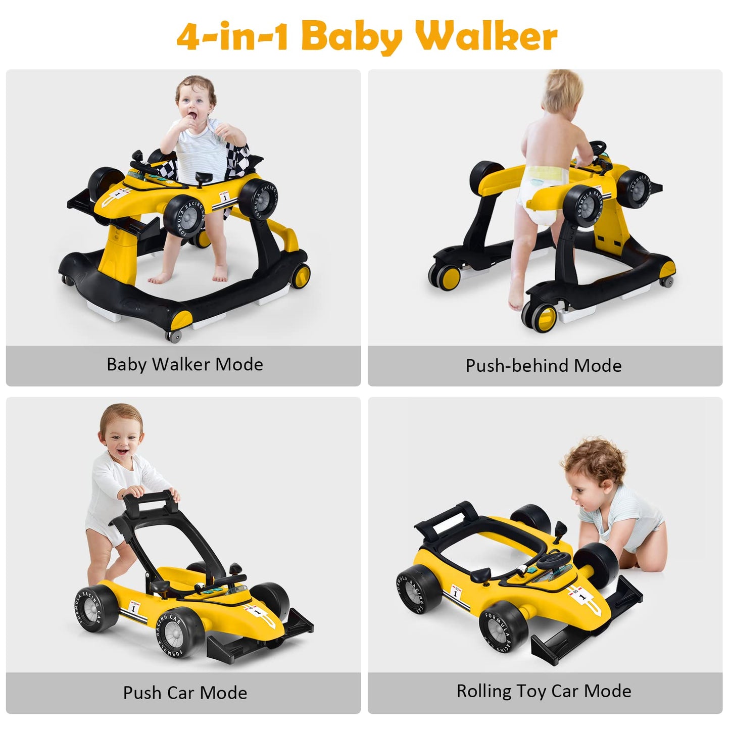 4-in-1 Baby Walker Foldable Push Along Walkers with Adjustable Height & Speed