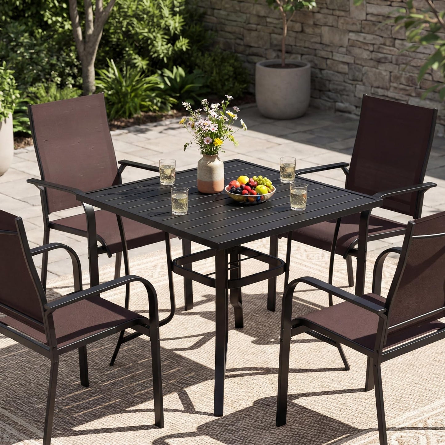 91CM Square Patio Table for 4 Outdoor Metal Dining Table with Umbrella Hole