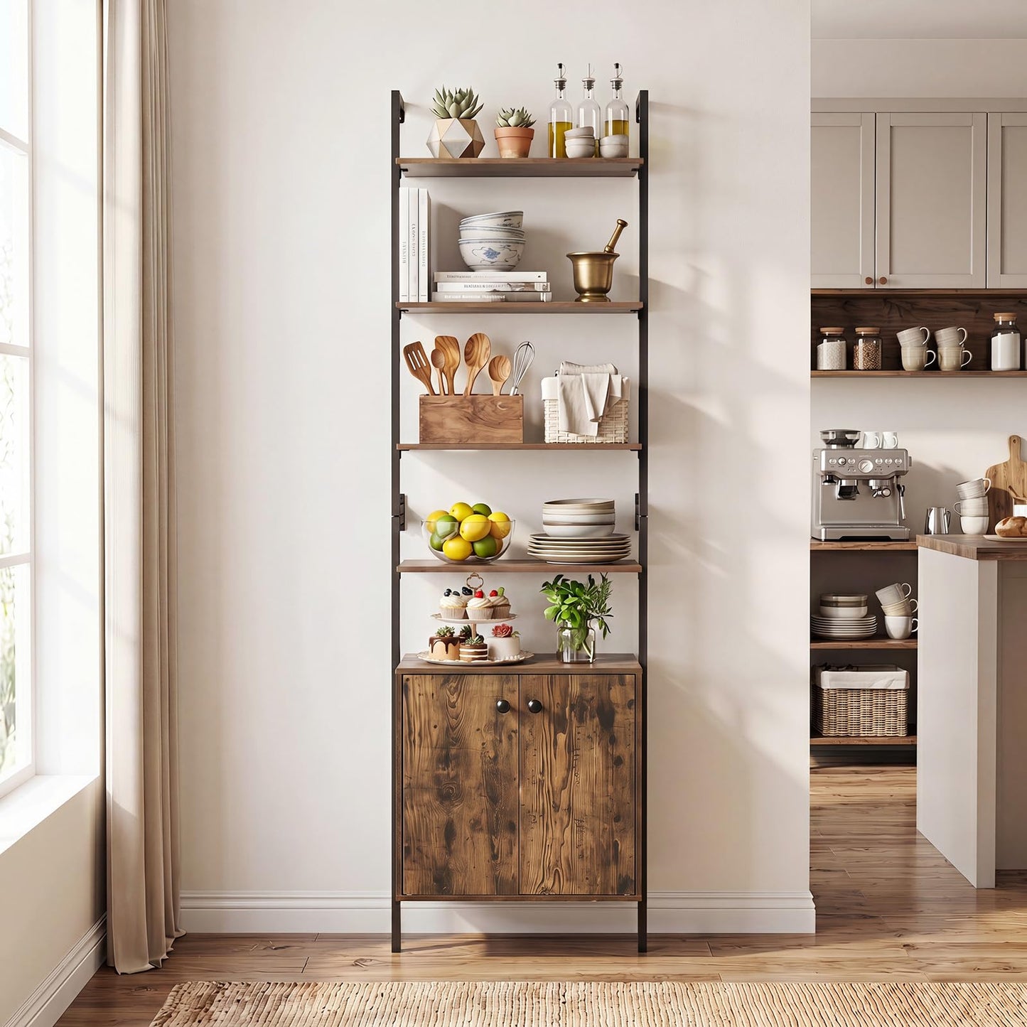 7-Tier Ladder Bookshelf with 2-Door Cabinet and 4 Shelves