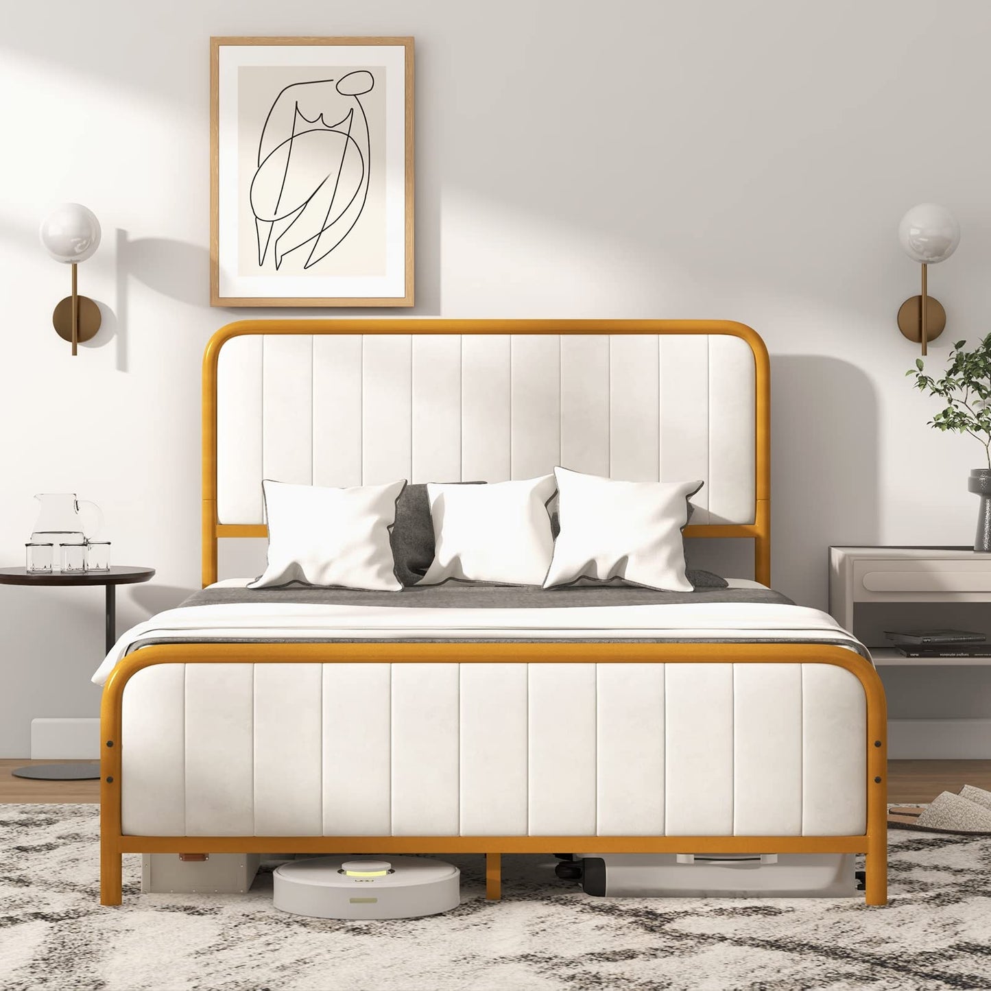 Upholstered Full Size Bed Frame, Double Metal Platform Bed with Velvet Headboard