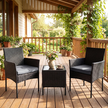 3-Piece Patio Bistro Set, PE Rattan Furniture Set with Soft Cushions & Tempered Glass Top Table