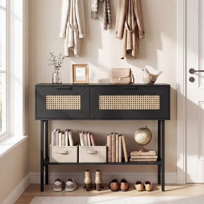 Rattan Console Table Boho Entryway Table with Flip Doors