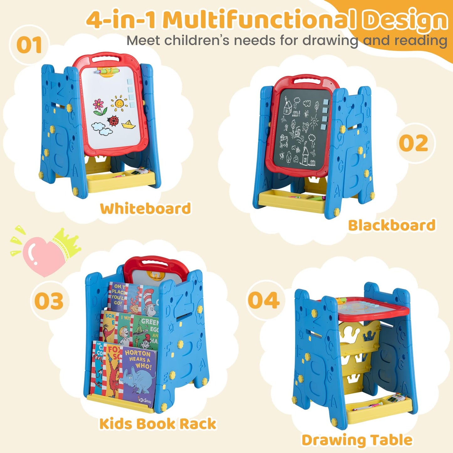 3 in 1 Art Easel for Kids Double Sided Magnetic Board Chalkboard and Whiteboard