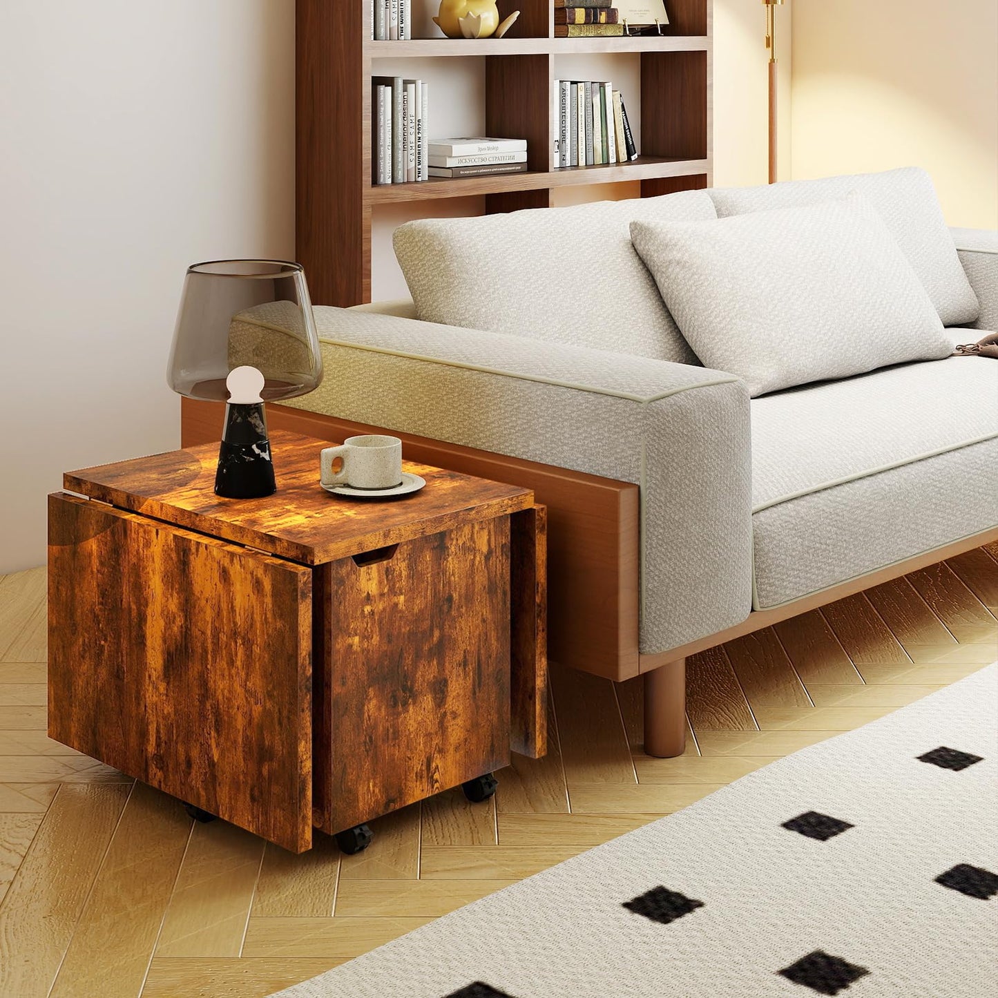 120cm Extendable and Foldable Coffee Table with Storage Cabinet and Wheels