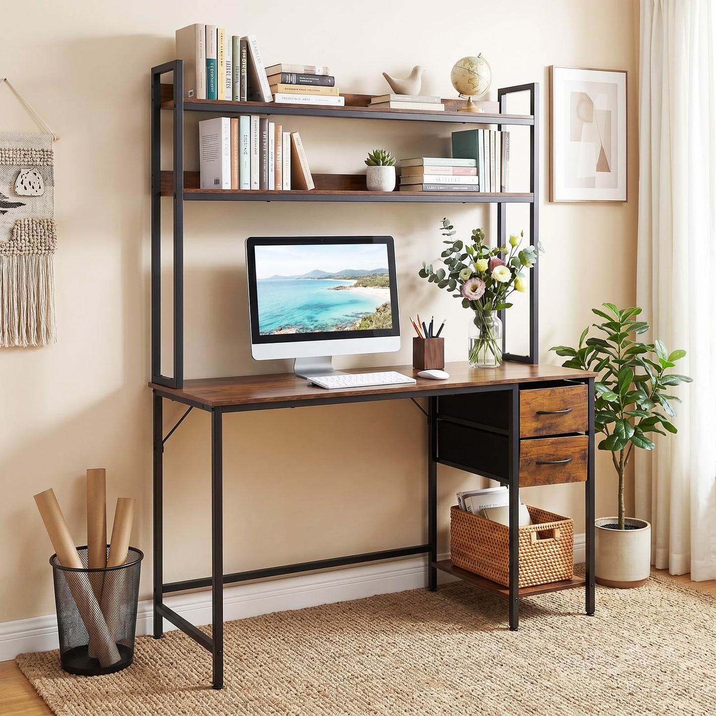 Computer Desk with Hutch, Reversible Executive Writing Workstation PC Laptop Table