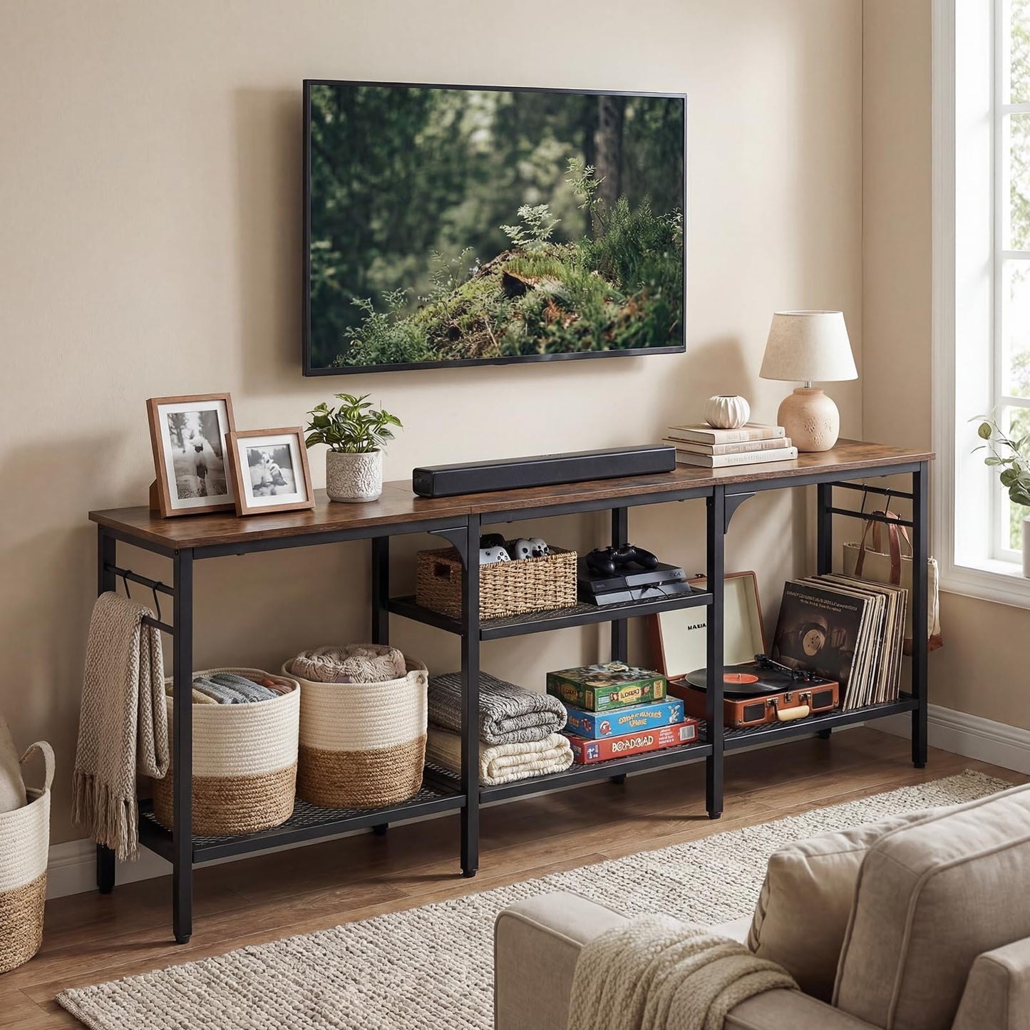 TV Unit for 65 Inch TVs, 140cm Industrial TV Stand Cabinet with Mesh Storage Shelves