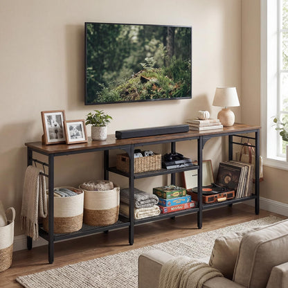TV Unit for 65 Inch TVs, 140cm Industrial TV Stand Cabinet with Mesh Storage Shelves