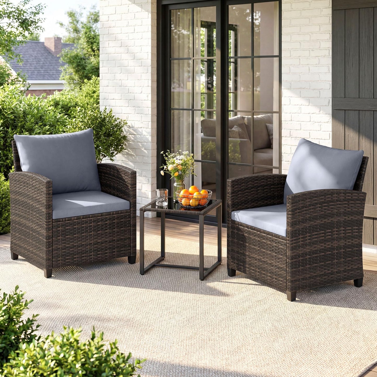 3 Pieces PE Rattan Wicker Outdoor Bistro Conversation Set with Soft Cushions and Tempered Glass Coffee Table