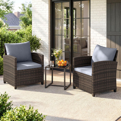3 Pieces PE Rattan Wicker Outdoor Bistro Conversation Set with Soft Cushions and Tempered Glass Coffee Table