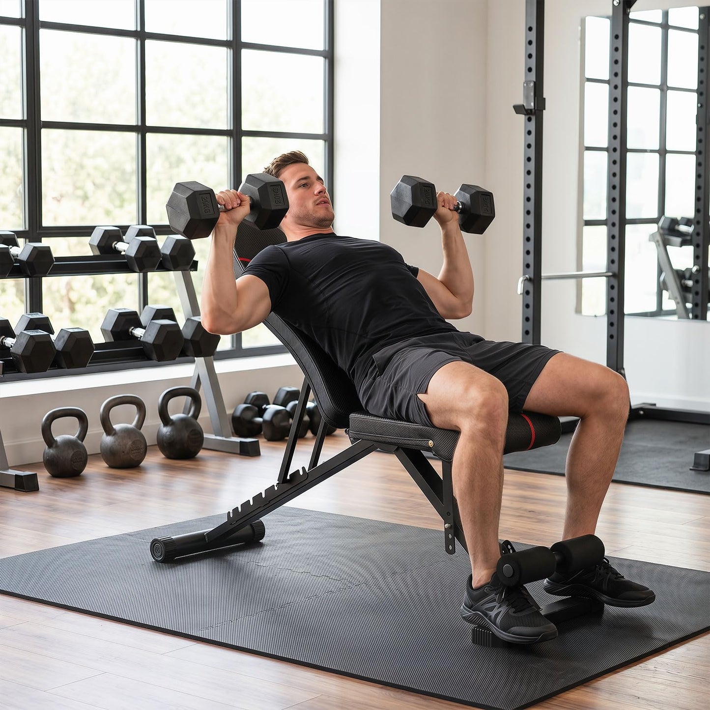 Adjustable Foldable Black Dumbbell Bench with PU Upholstery and Heavy-Duty Iron Frame