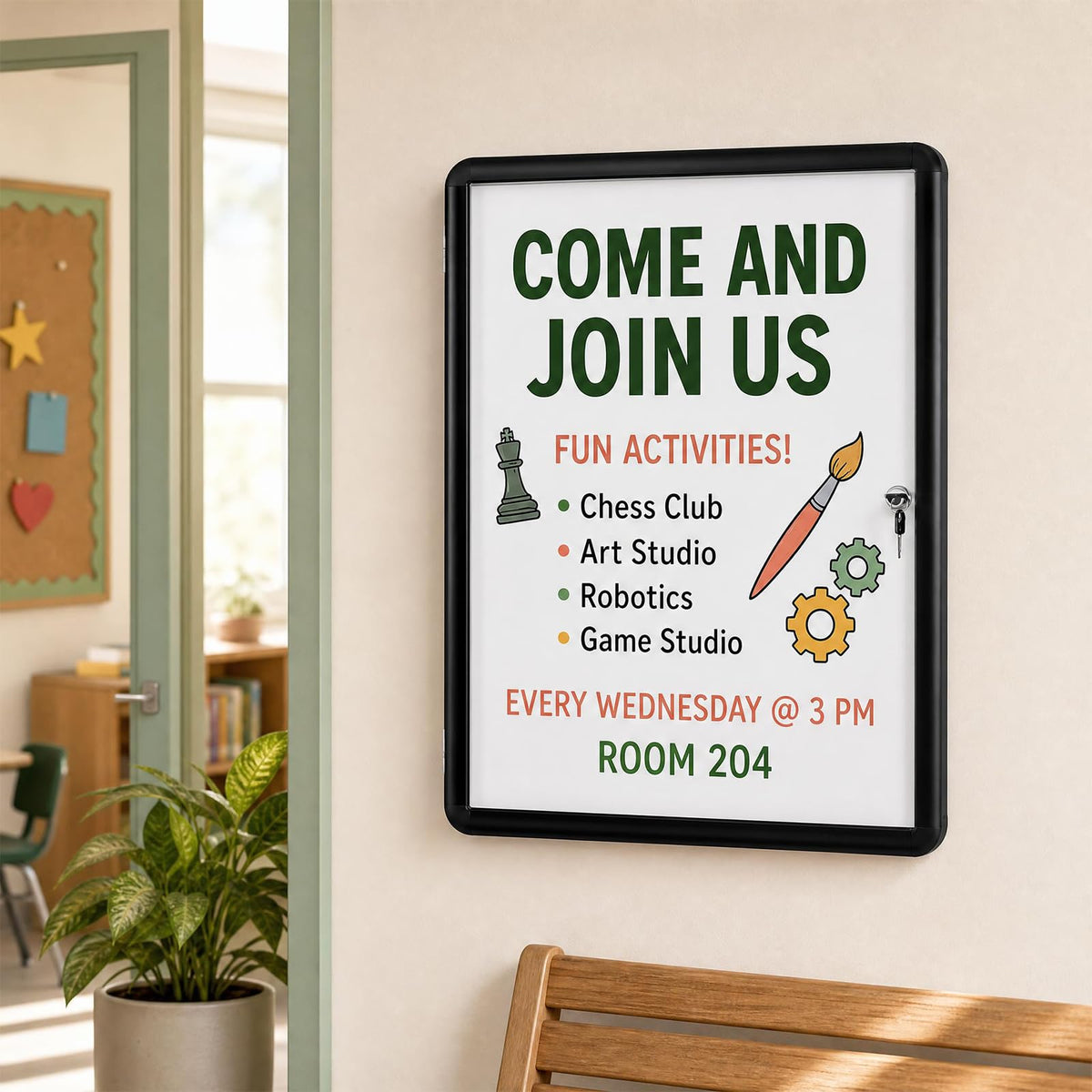 66 x 51 cm Enclosed Bulletin Board with Locking Door and Aluminum Alloy Frame