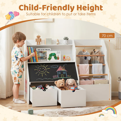 Toy Storage Organizer with Flip-up Blackboard and Movable Drawers for Playroom