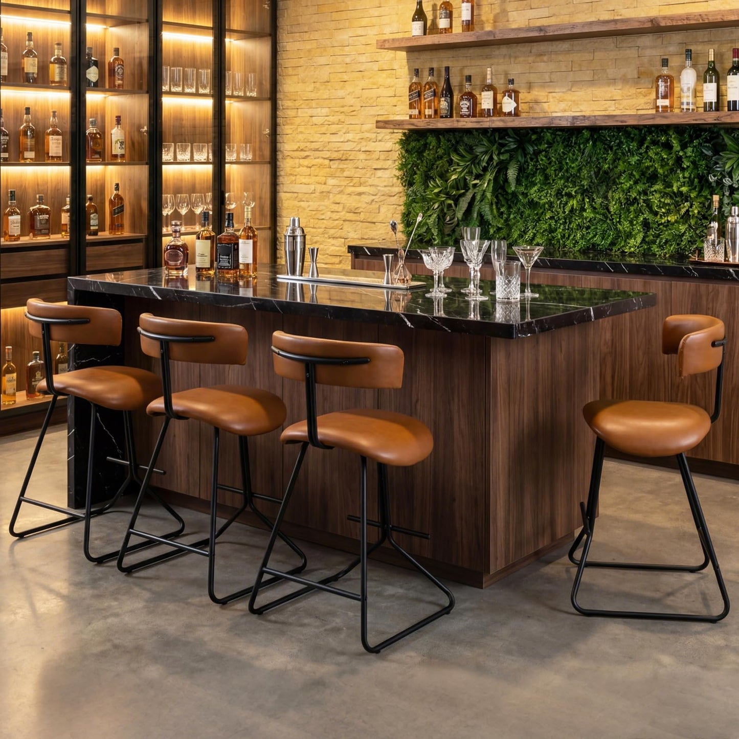 Bar Stools Set of 2, Fabric/PU Leather Upholstered Bar Chairs with Curved Back
