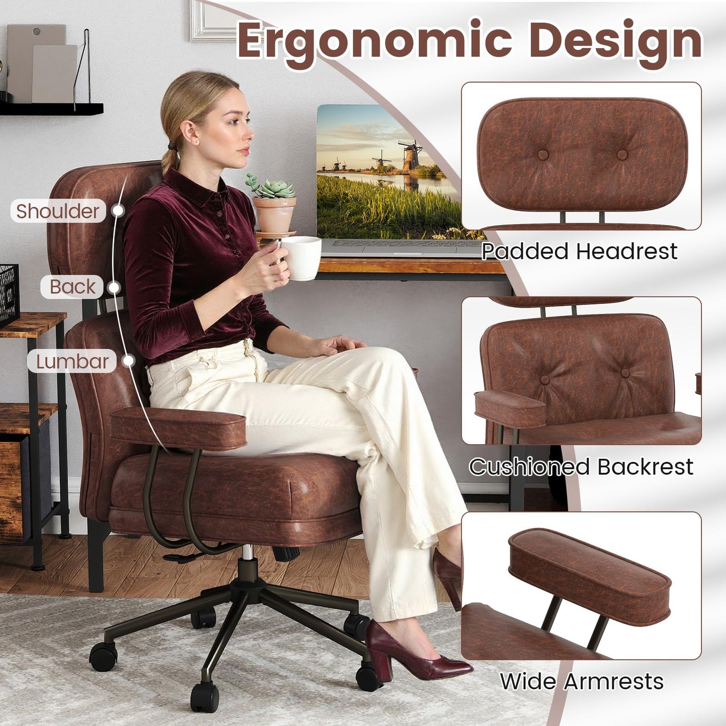 Home Office Chair, Mid Century Modern Suede Fabric Computer Desk Chair