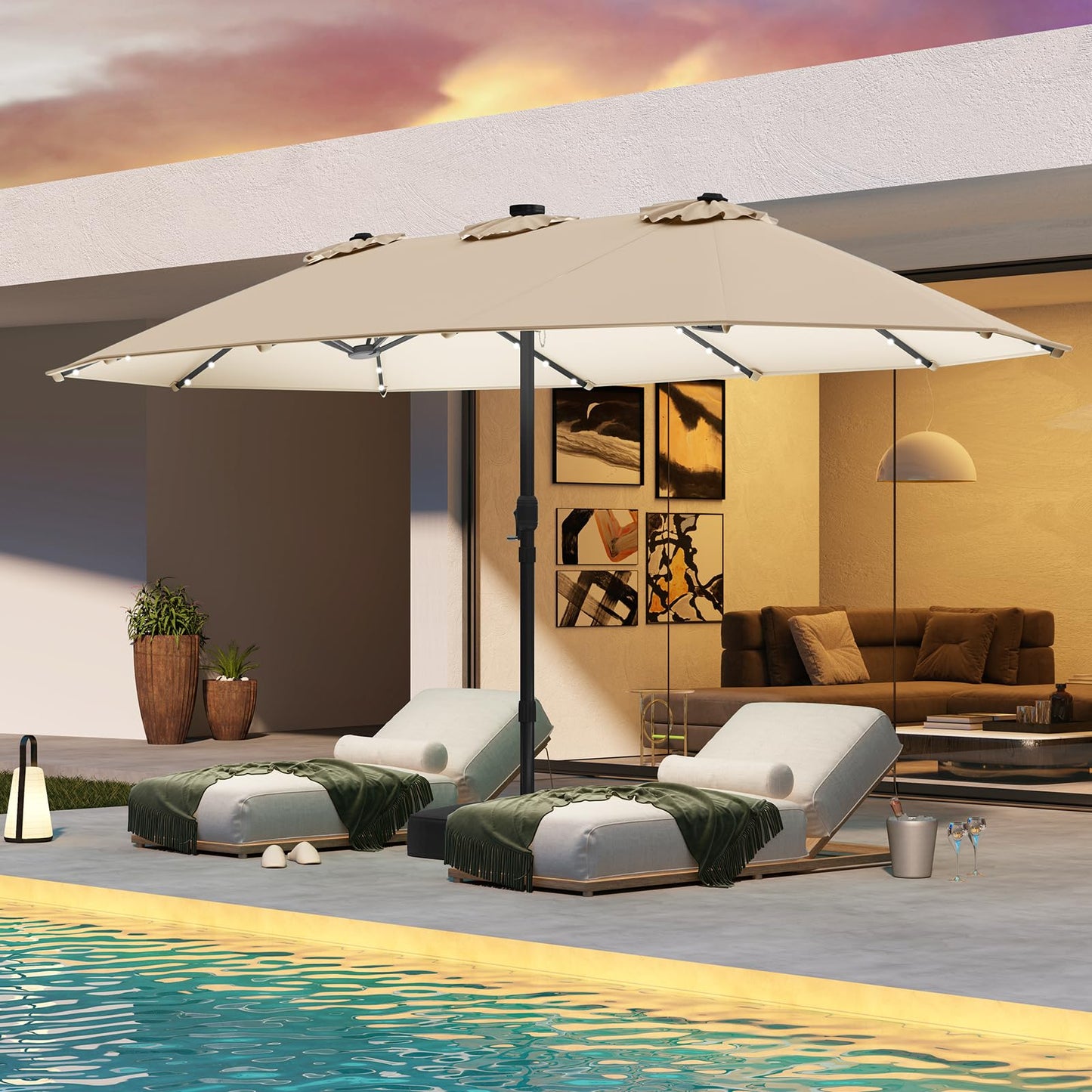 4.5m Double-Sided Parasol with Base and 48 Solar LED Lights