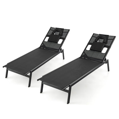 5 Positions Adjustable Chaise Lounge Deck Sunbed with Detachable Head Pillows