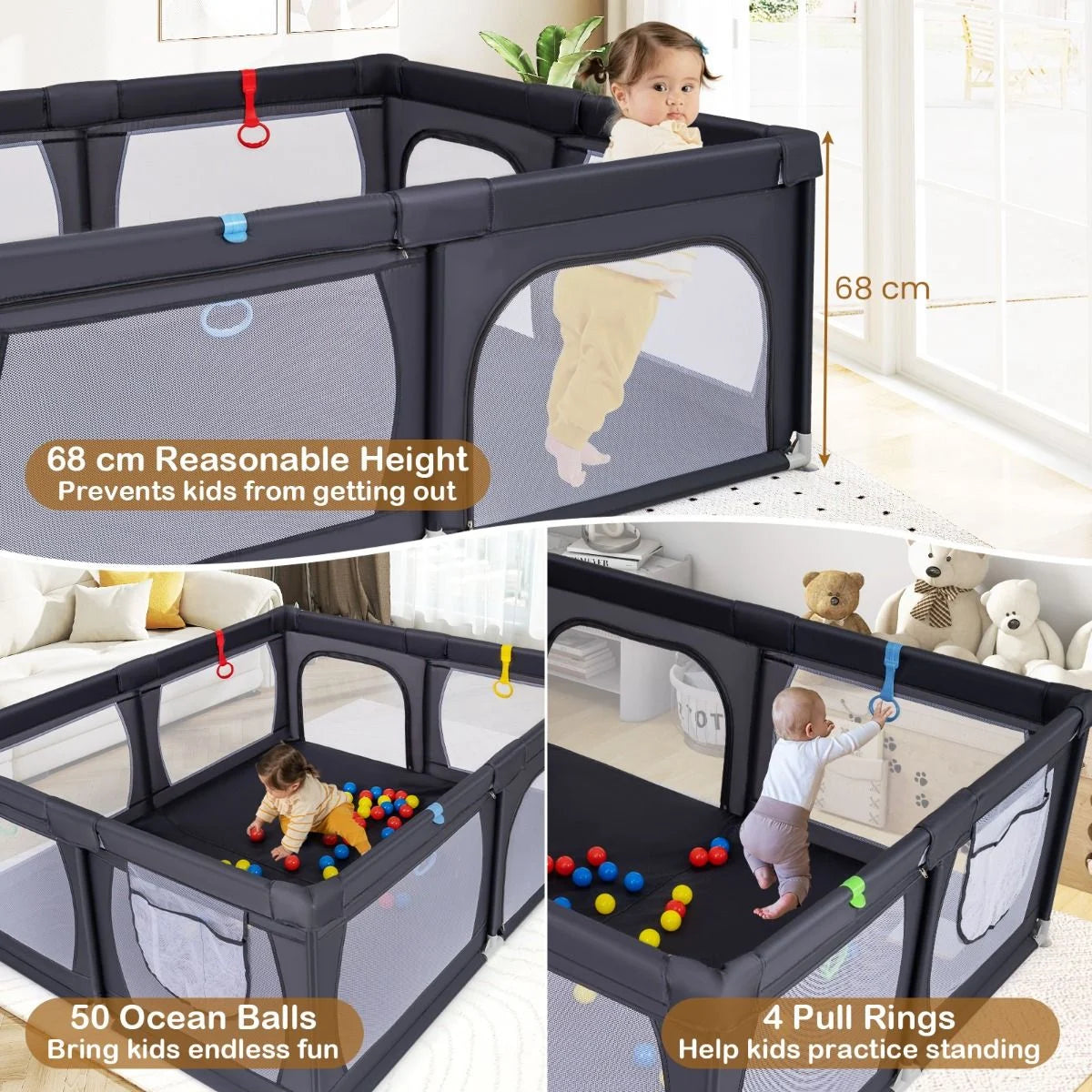 Indoor Safety Play Fence Infant Activity Center with 50 Ocean Balls