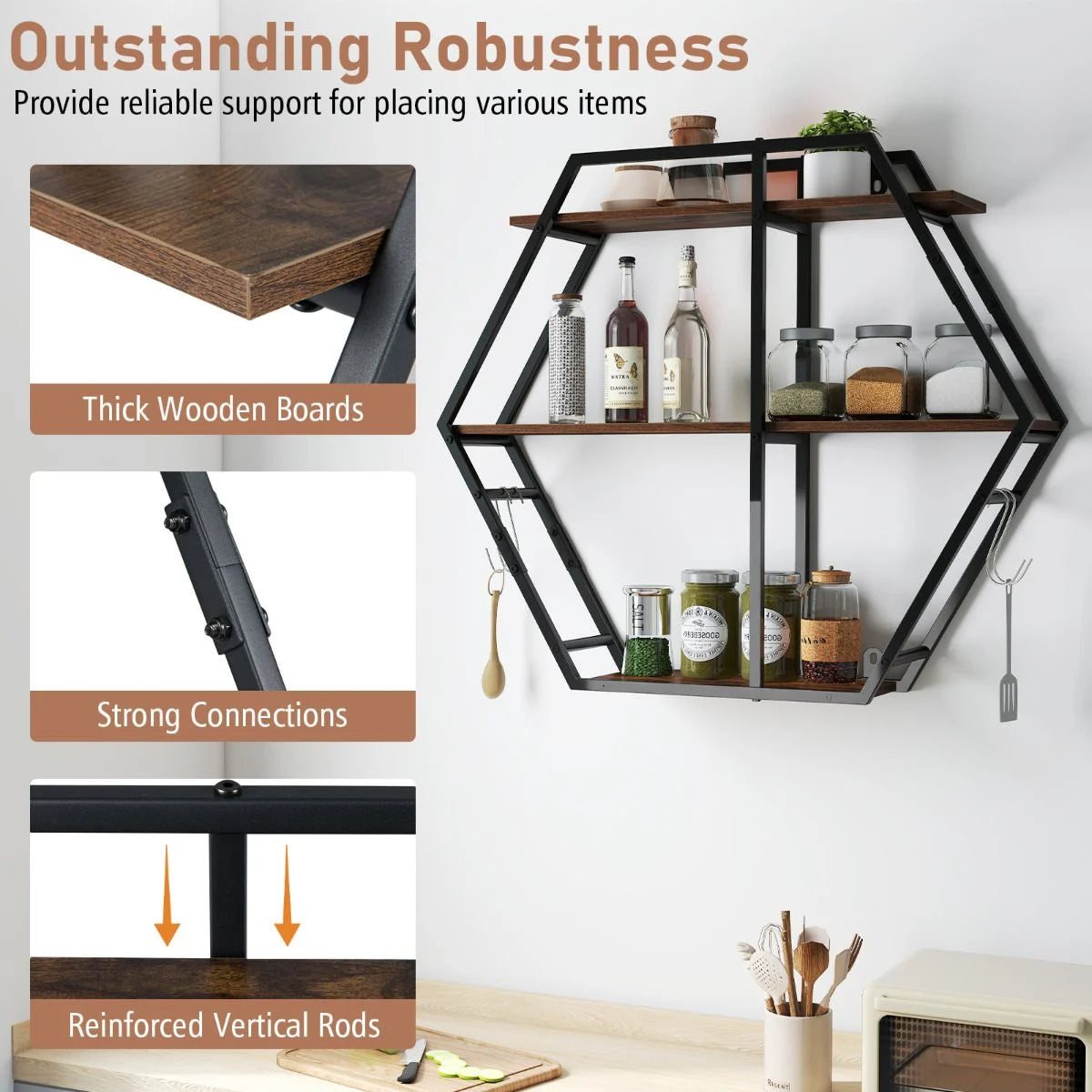 Industrial Hexagon Shelves for Wall 3-Tier Decorative Floating Wall Shelves with Hooks