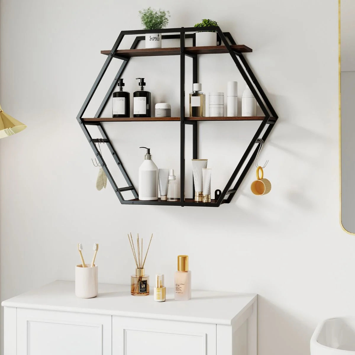 Industrial Hexagon Shelves for Wall 3-Tier Decorative Floating Wall Shelves with Hooks