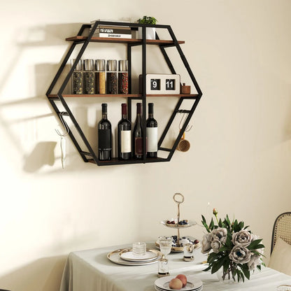 Industrial Hexagon Shelves for Wall 3-Tier Decorative Floating Wall Shelves with Hooks