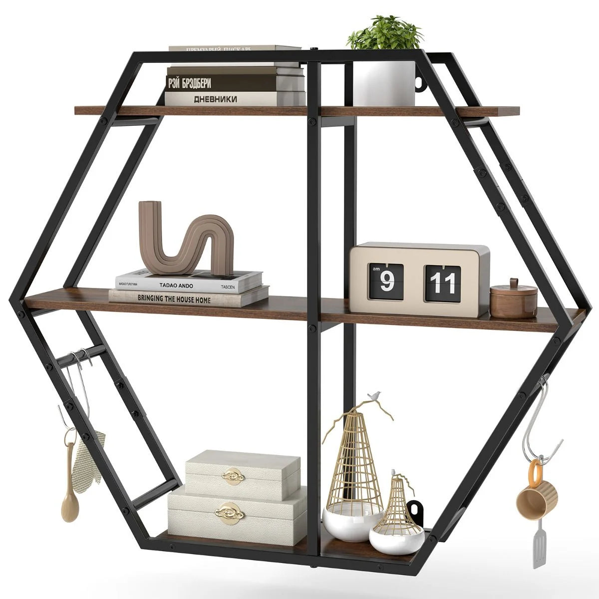 Industrial Hexagon Shelves for Wall 3-Tier Decorative Floating Wall Shelves with Hooks