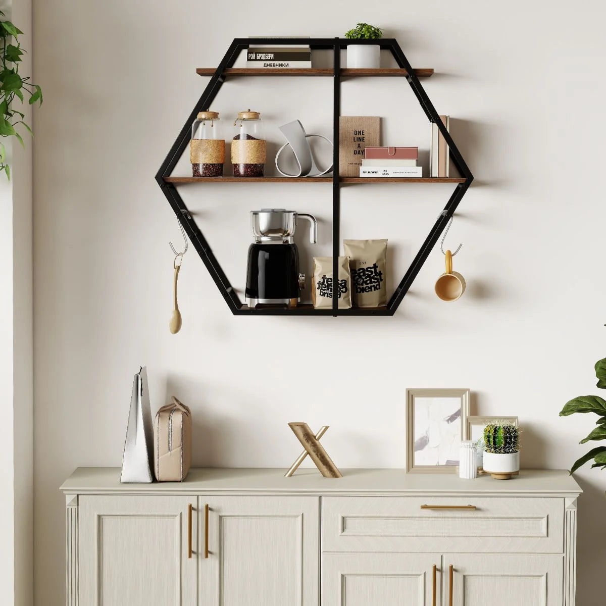 Industrial Hexagon Shelves for Wall 3-Tier Decorative Floating Wall Shelves with Hooks