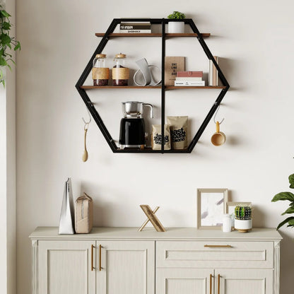 Industrial Hexagon Shelves for Wall 3-Tier Decorative Floating Wall Shelves with Hooks