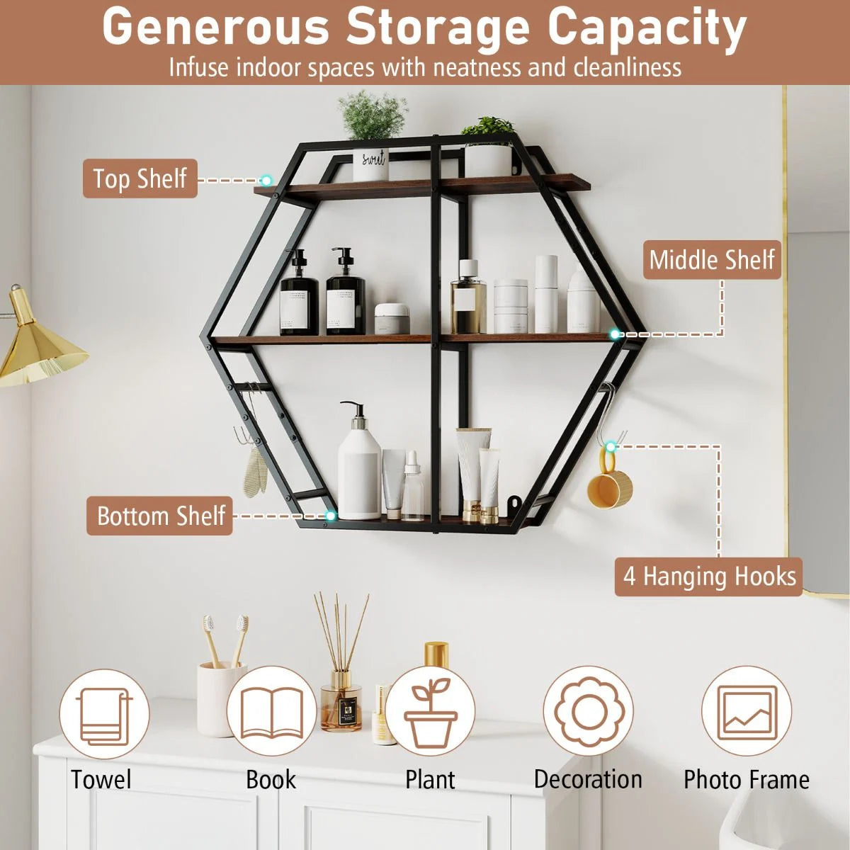 Industrial Hexagon Shelves for Wall 3-Tier Decorative Floating Wall Shelves with Hooks