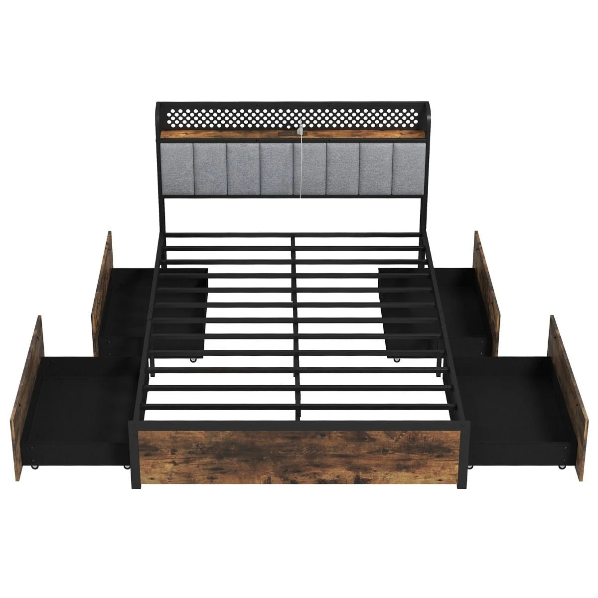 Industrial Metal Platform Bed with LED Lights and USB Power Outlets