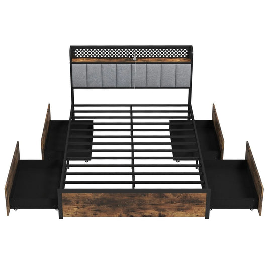 Industrial Metal Platform Bed with LED Lights and USB Power Outlets