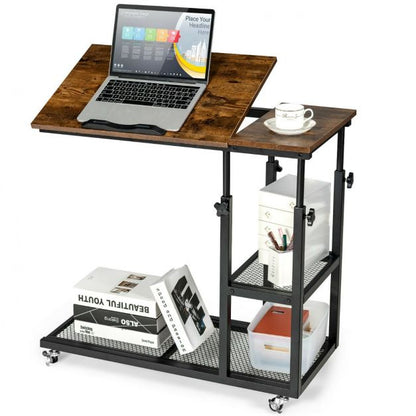 Height Adjustable Mobile Overbed Table with Wheels and Storage Shelves