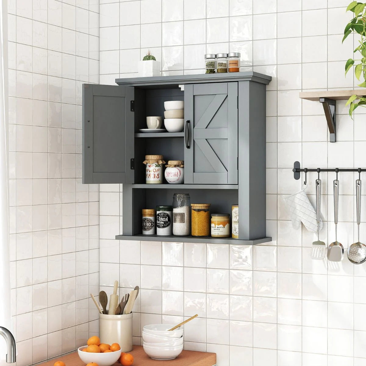 Farmhouse Wall Mounted Bathroom Cabinet with Adjustable Shelf