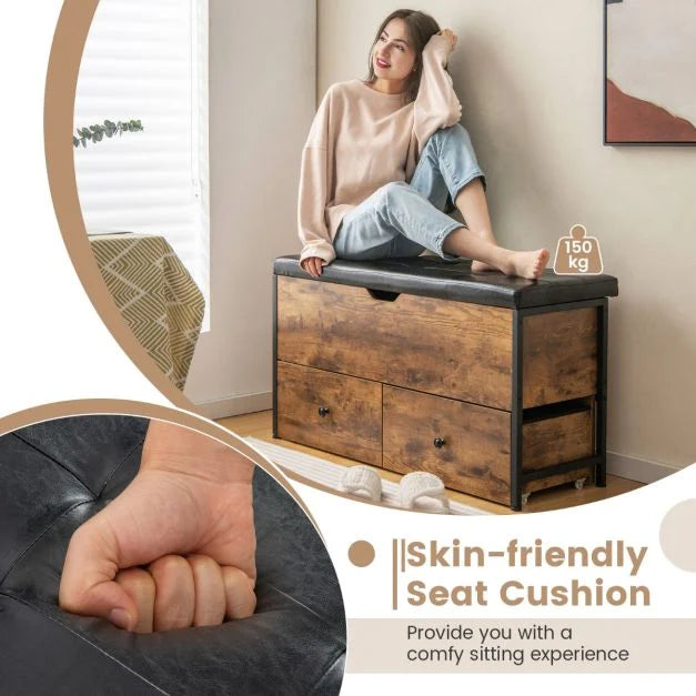 Storage Ottoman Bench with Padded Seat Cushion and 2 Drawers