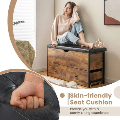Storage Ottoman Bench with Padded Seat Cushion and 2 Drawers