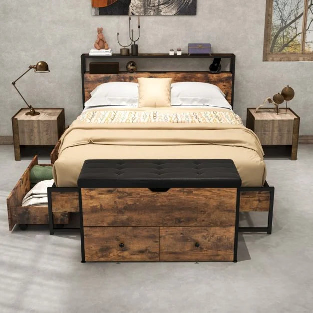 Storage Ottoman Bench with Padded Seat Cushion and 2 Drawers