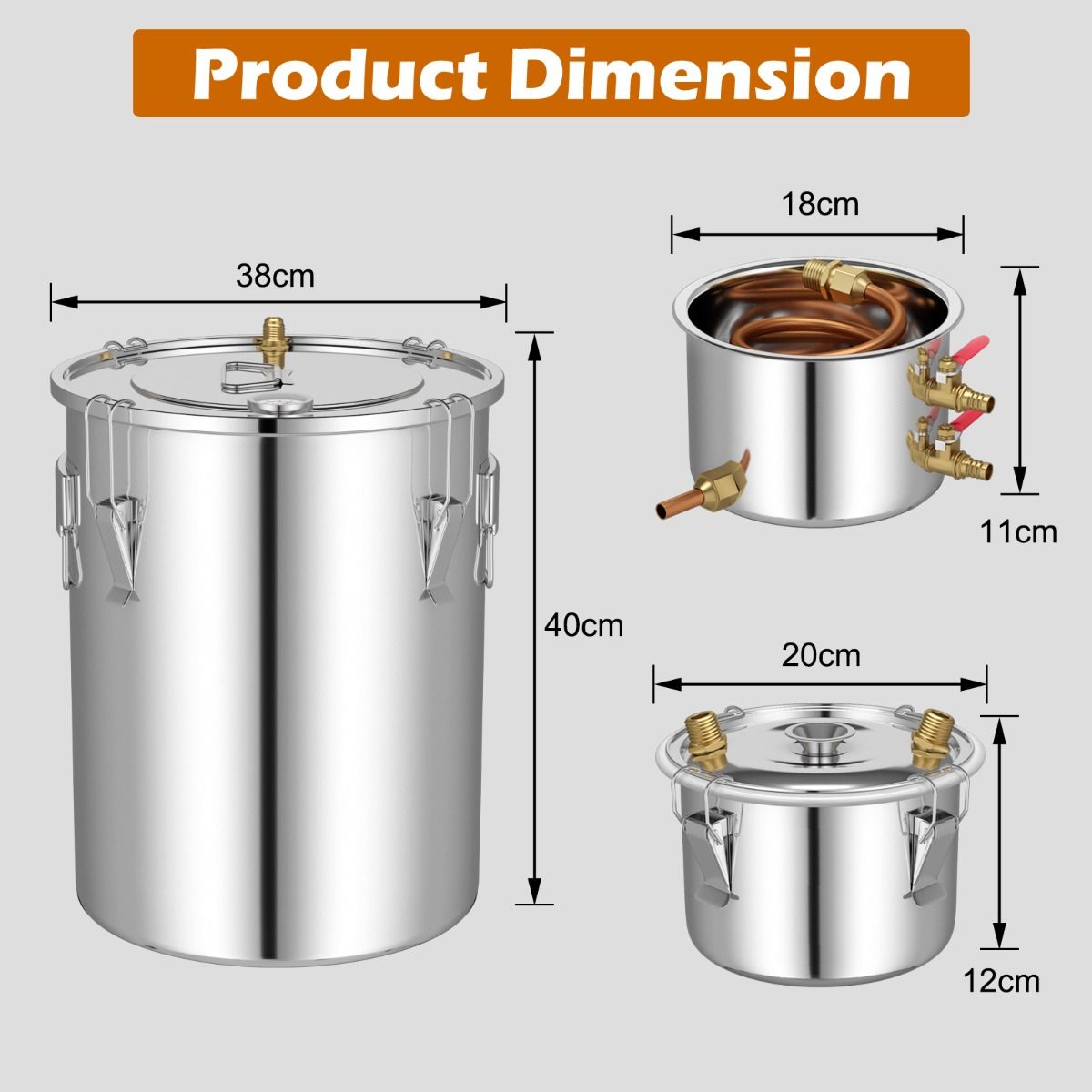 13.6/22/38L Stainless Steel Water Alcohol Distiller with Build-in Thermometer