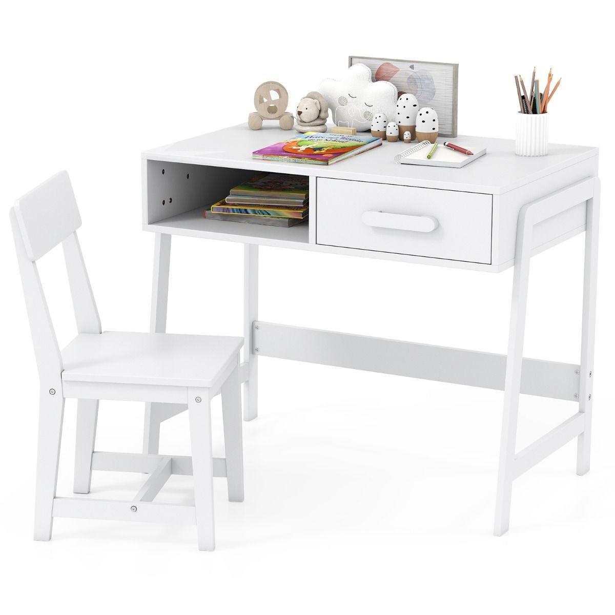 Kids Desk and Chair Set with Drawer and Pine Wood Legs