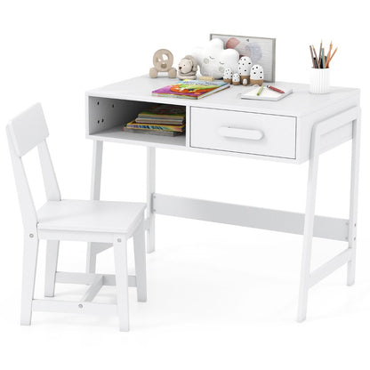 Kids Desk and Chair Set with Drawer and Pine Wood Legs