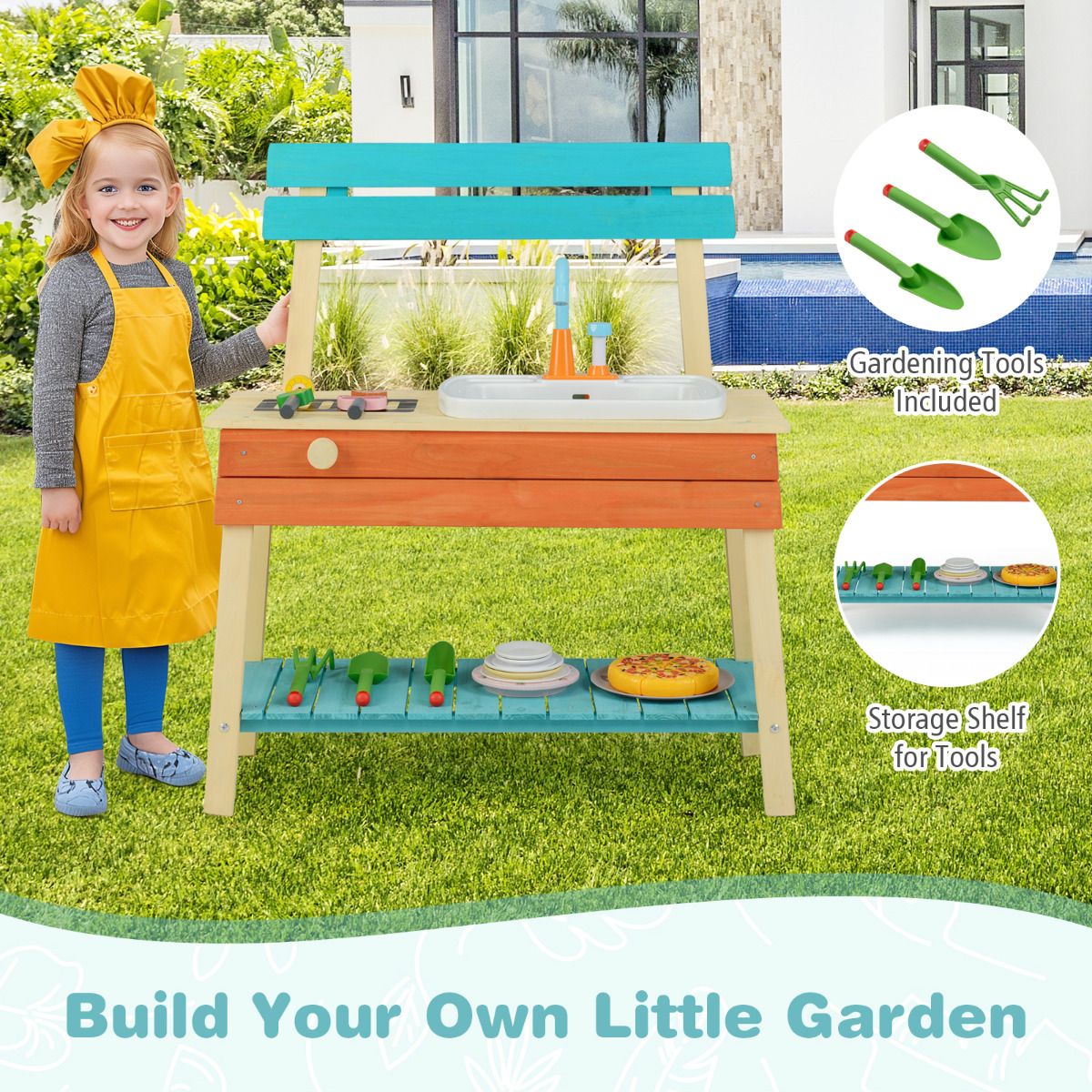 Kids Play Kitchen Set Wooden Kitchen Playset with Cooking & Gardening Accessories