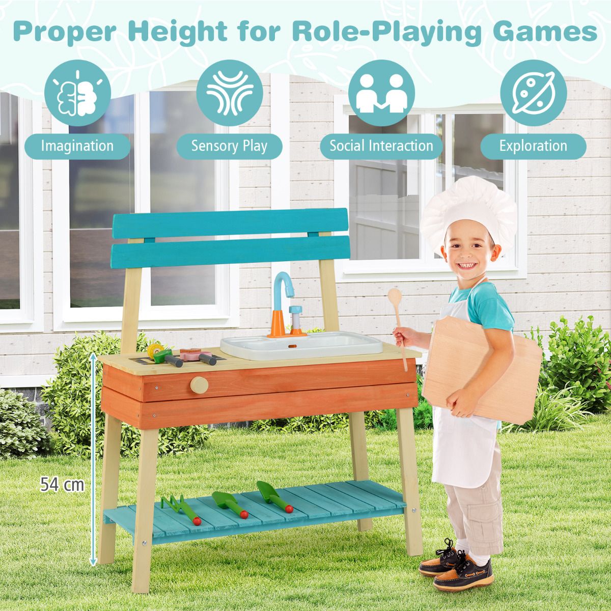 Kids Play Kitchen Set Wooden Kitchen Playset with Cooking & Gardening Accessories
