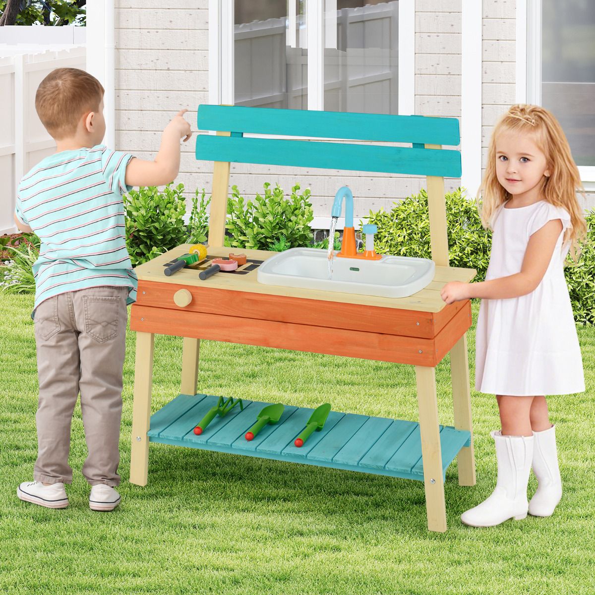 Kids Play Kitchen Set Wooden Kitchen Playset with Cooking & Gardening Accessories
