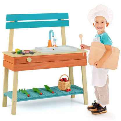 Kids Play Kitchen Set Wooden Kitchen Playset with Cooking & Gardening Accessories