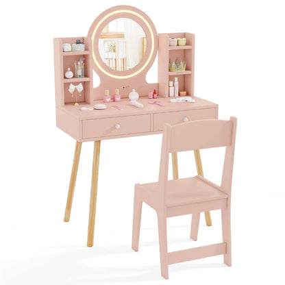 Kids Princess Vanity Desk Set with 2 Color LED Lighted Acrylic Mirror