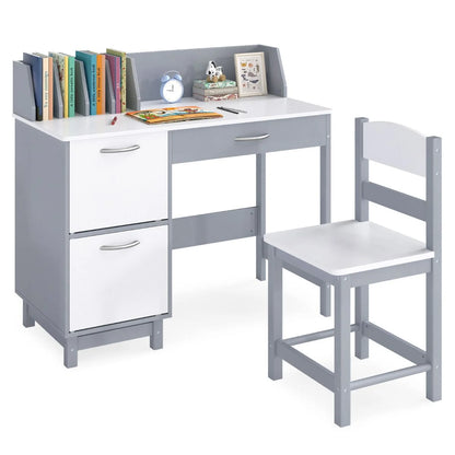 Kid's Study Desk and Chair Set with Deep Drawer and Enclosed Cabinets