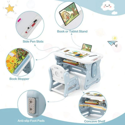 Kids Table and Chair Set with Tiltable Whiteboard and Book Stand